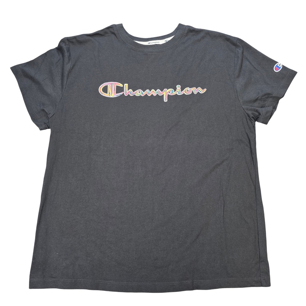 Champion Graphic T-Shirt Women's Size L Black Rainbow Script Logo Short Sleeve